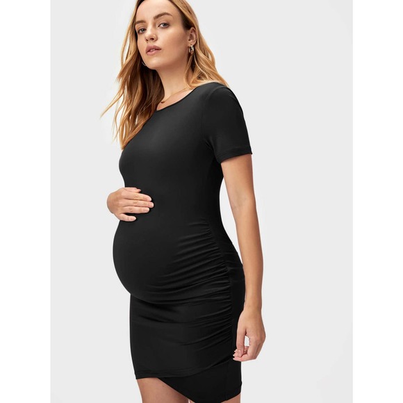 Maternity Solid Ruched Tulip Hem Bodycon mini Dress black - Picture 5 of 5